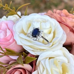 Elegant 925 Sterling Silver Natural Blue Sapphire w/ Halo 8x6mm Ring Sz 8.75
